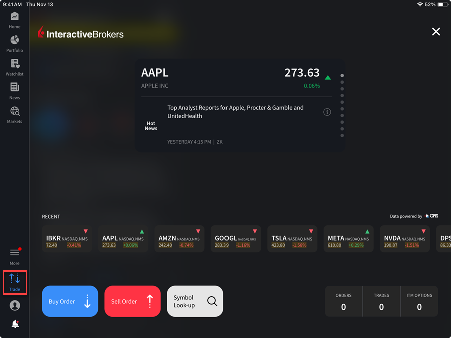 The trade menu on the iPad. 